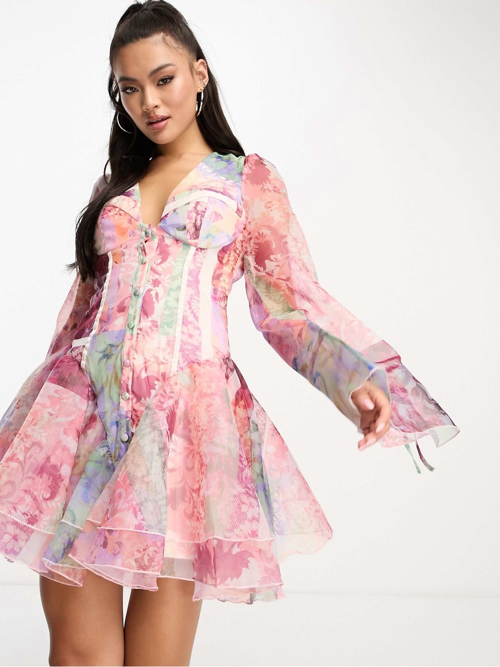 ASOS Floral Pink Sheer Bell-Sleeve Mini Dress - Picture 6 of 7